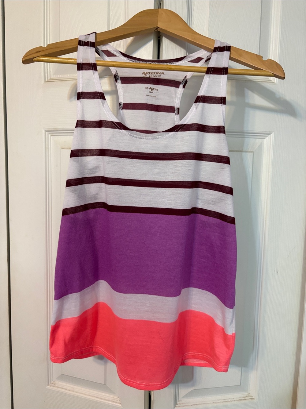 Arizona Jean Company Striped Racerback Tank Top in White, Purple & Coral